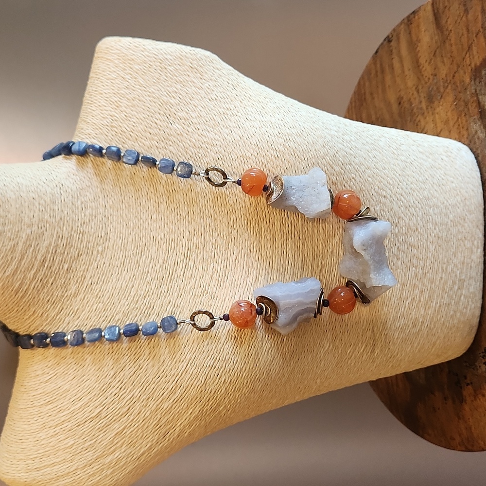 Artisan made Necklace. RAW Chalcedony and vintage carved carnelian.